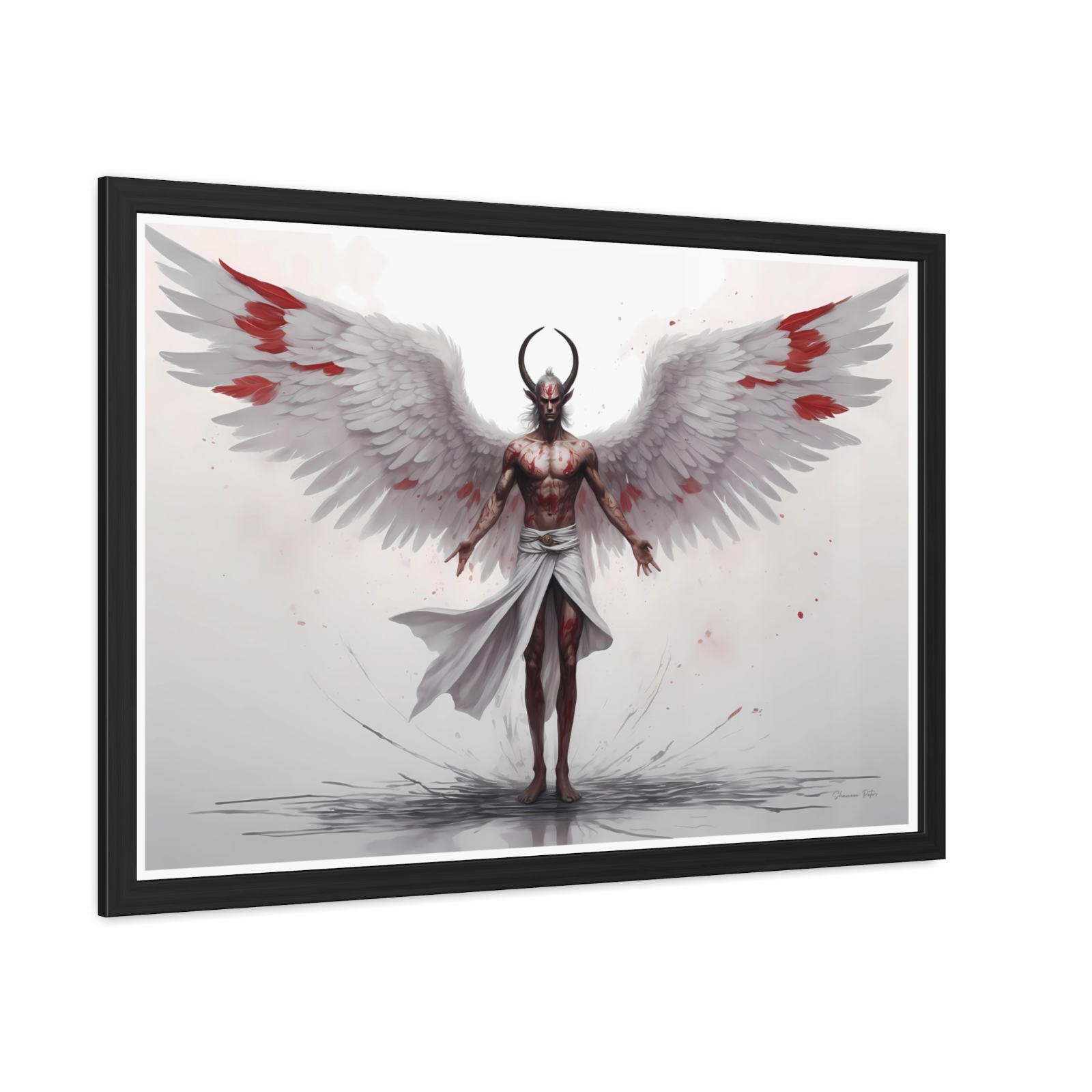 Mythical Lucifer Fallen Angel Wood Framed Wall Art for Home Office Decor  