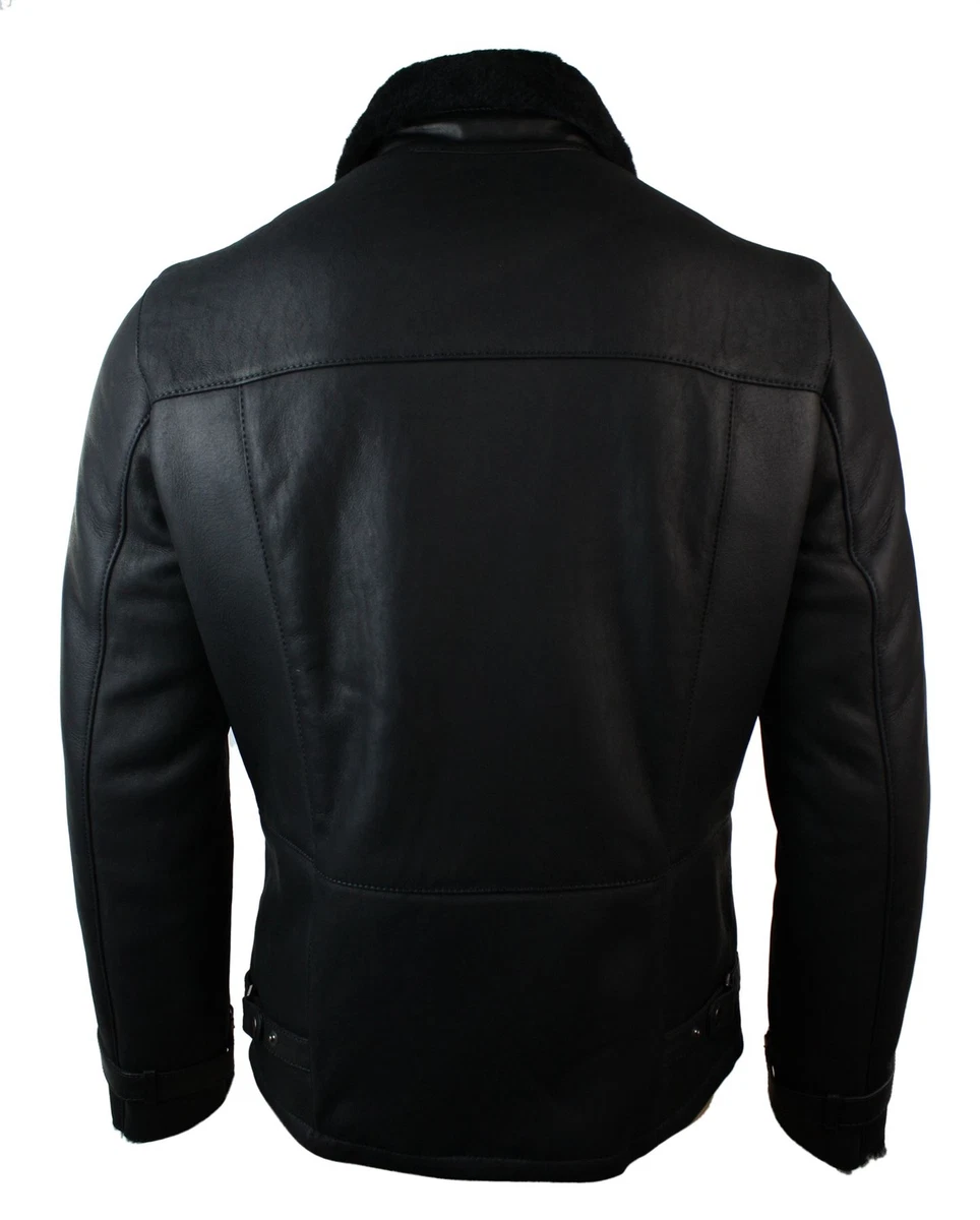 Mens Winter Real Sheepskin Black Mid Length Fitted Designer Jacket Cross Zip