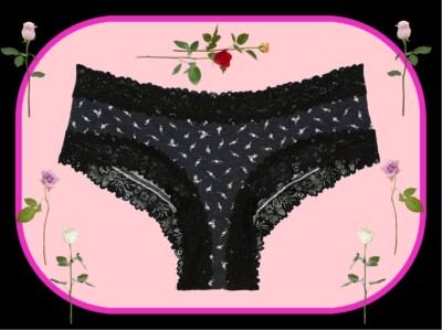 M  Black Rose Rib Victoria's Secret PINK WINK Lace-Waist & Leg Cheeky Pantie