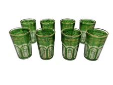 Vintage Moroccan Moorish Green and Gold Handblown Glasses Tea - Set of 8