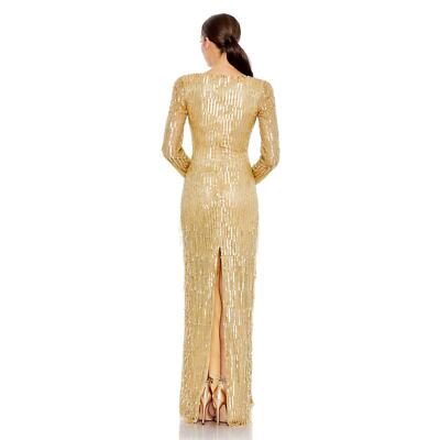 Sequined Long Sleeve V Neck Beaded Fringe Gown - Mac Duggal Gold / 10