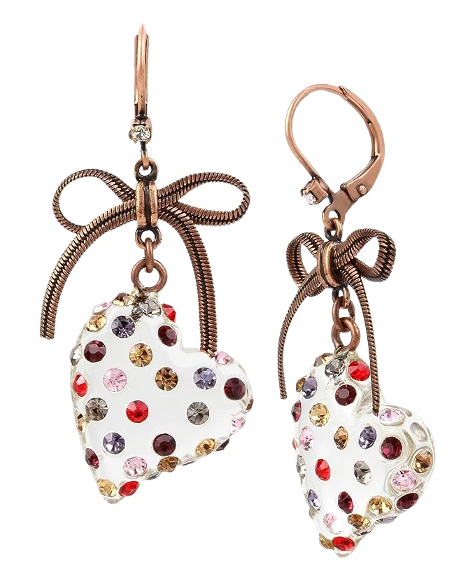 Betsey Johnson Stone Lucite Heart Drop Earrings Delicate Bow Mixed Multi-Colored - Image 2 of 3