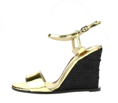 Pollini Gold Leather Ankle Strap Sandals High Wedges Shoes Sandals Size 36 New