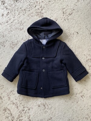 New Zara Baby Boy Navy Blue Wool Blend Coat Hooded Parka Size 18 - Main Image