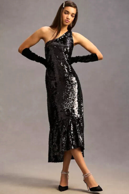 New Anthropologie Maeve XL One-Shoulder Sequin Dress Disco Party Cocktail  Black