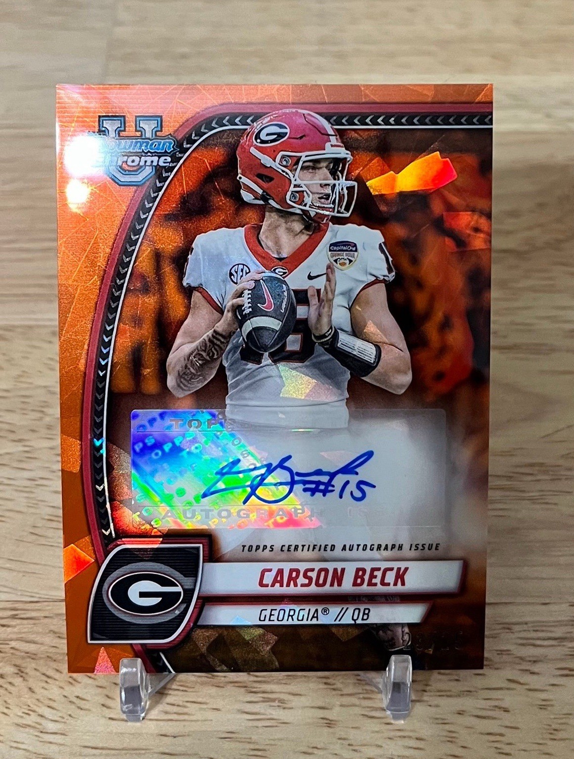 Carson Beck 2024 Bowman University Chrome Sapphire Orange Auto 23/25 Georgia