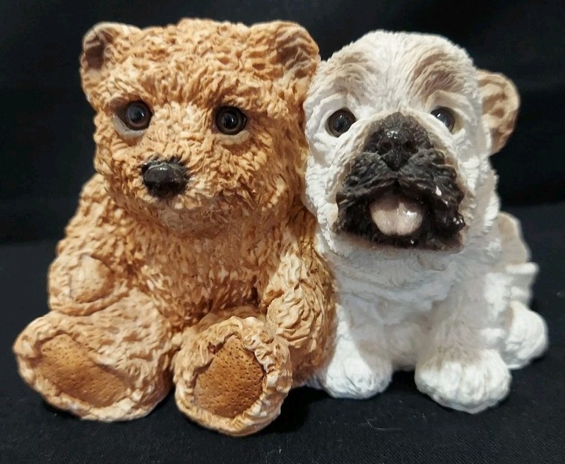 Vintage Stone Critter Bulldog Pup & Teddy Bear Figurine 1987
