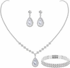 Silver Crystal Bridal Jewelry Set Necklace Earrings Bracelet Wedding Bridesmaid