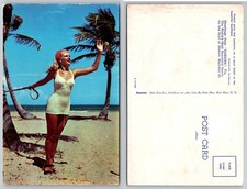 Vintage Dextone Postcard "Bahama" Florida Beach Woman Swimsuit Palm Trees