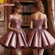 Elegant Pink Short Prom Dress Off Shouler Satin Appliques Birthday Evening Gowns