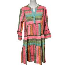 APNY Dress Womens Small Multicolor Geometric Boho 3/4 Bell Sleeve V Neck Swing