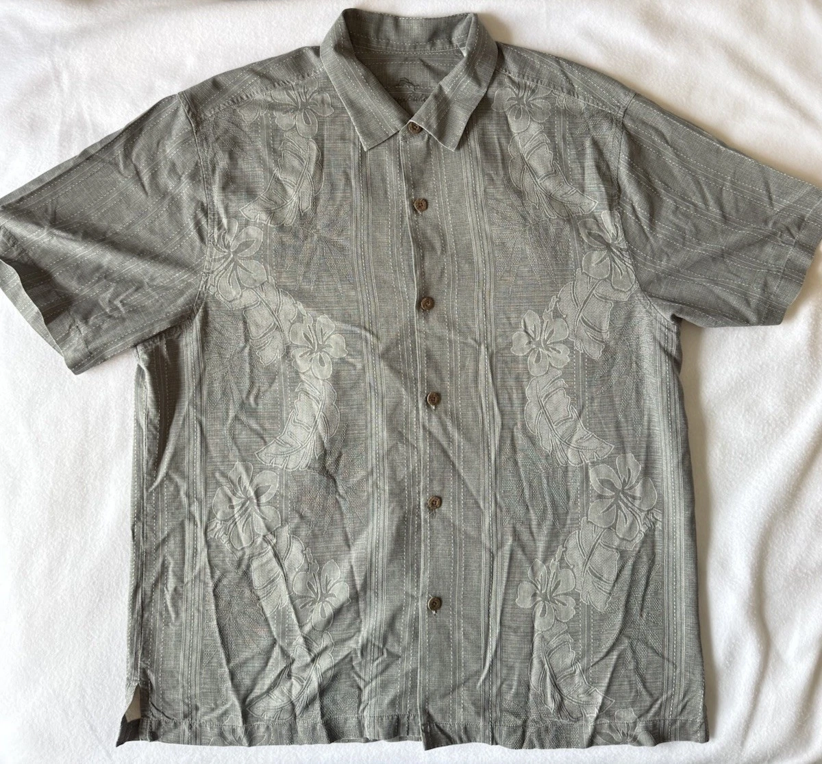 Tommy Bahama Bedarra Garden Mens XL 100% Silk Camp Shirt Gray Hawaiian