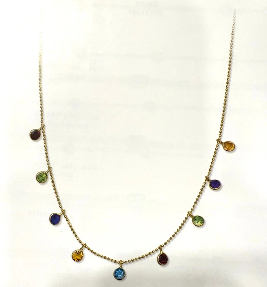 Collar de cadena de 1,5 mm de eslabones de cuentas de piedras preciosas colgantes múltiples de oro amarillo macizo de 14k de 18"