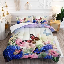 Butterfly Comforter Set Queen Size, Blue Hydrangeas and Butterfly Bedding Set...