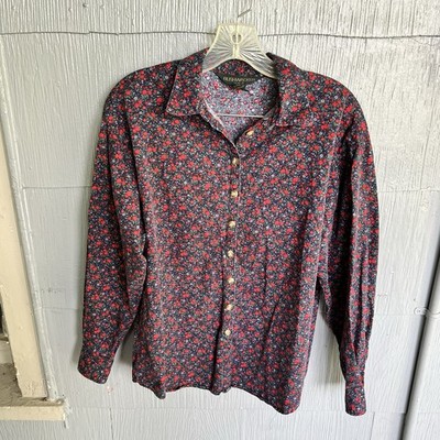 Vintage Bushwacker USA Button Up Top Women s S Shirt Blue Red Floral Cottage