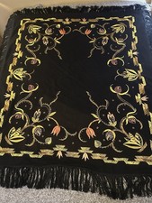 Vintage Wool Embroidered Fringed Shawl Tablecover 60x51 5 Inch Fringe