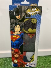 New Sealed "JUSTICE LEAGUE Superman Batman Flash 3 PAIR CREW SOCKS" Shoe Sz 6-12