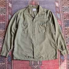 Vintage 50s 60s Rayon Solid Green Loop Collar Shirt Gabardine Medium Rockabilly