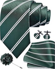 3.15"  8cm  Mens Stripe Tie and Lapel Pin Necktie Dark Green / White