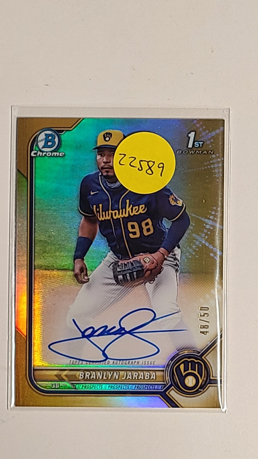 2022 Bowman Chrome Branlyn Jaraba 1st Gold Auto /50 - Brewers #CPA-BJ