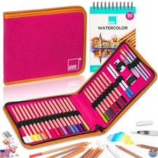 34pc Watercolor Pencil Art Set with 50 Sheets Drawing Pad & Brushes, Vibrant