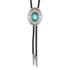 Turquoise Oval Bolo Tie Real Silver Plated 38" Adjustable Genuine Leather Cord
