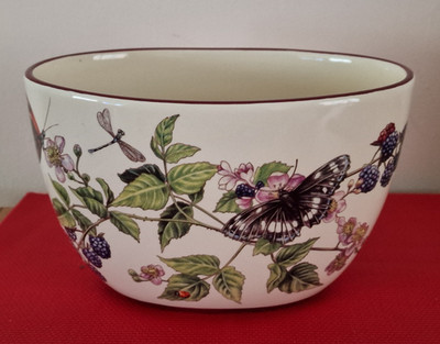Vintage Keramik Übertopf ovale Form Brombeeren Schmetterlinge Libelle Blumen