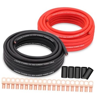 4 Gauge Wire Copper Clad Aluminum CCA 50FT Black/Red with 4ga lugs W/ lugs only