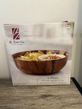 B. Smith 2 Piece Chip & Dip Set Acacia Wood Chip Bowl and Ceramic Dip Bowl