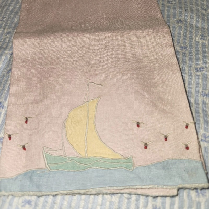 Vintage Embroidered Guest Towel Sail Boat Seagulls Pastel Pink Blue Yellow Green