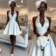 Short Wedding Dresses Halter Lace Satin Elegant Beach Bridal Gowns A Line Black
