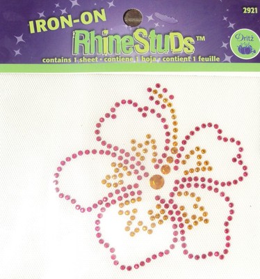 Dritz Iron-On Applique Rhinestuds Red Gold Hawaii Habiscus Flower, NEW
