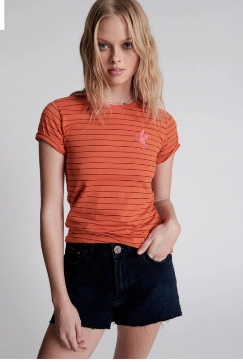 Camisa ajustada XXL One Teaspoon para mujer a rayas anaranjadas Bower Bird con logotipo bordado Foto 2 de 4