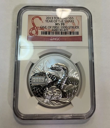 2013 Tokelau Year of the Snake 1ST 1000 Struck $5 1oz .999 Silver Coin NGC MS70