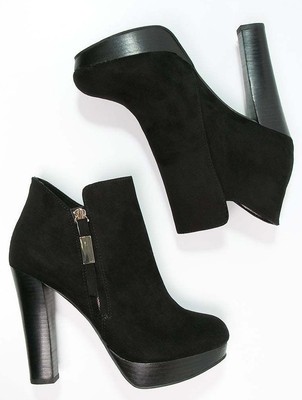 black faux suede platform heeled boots