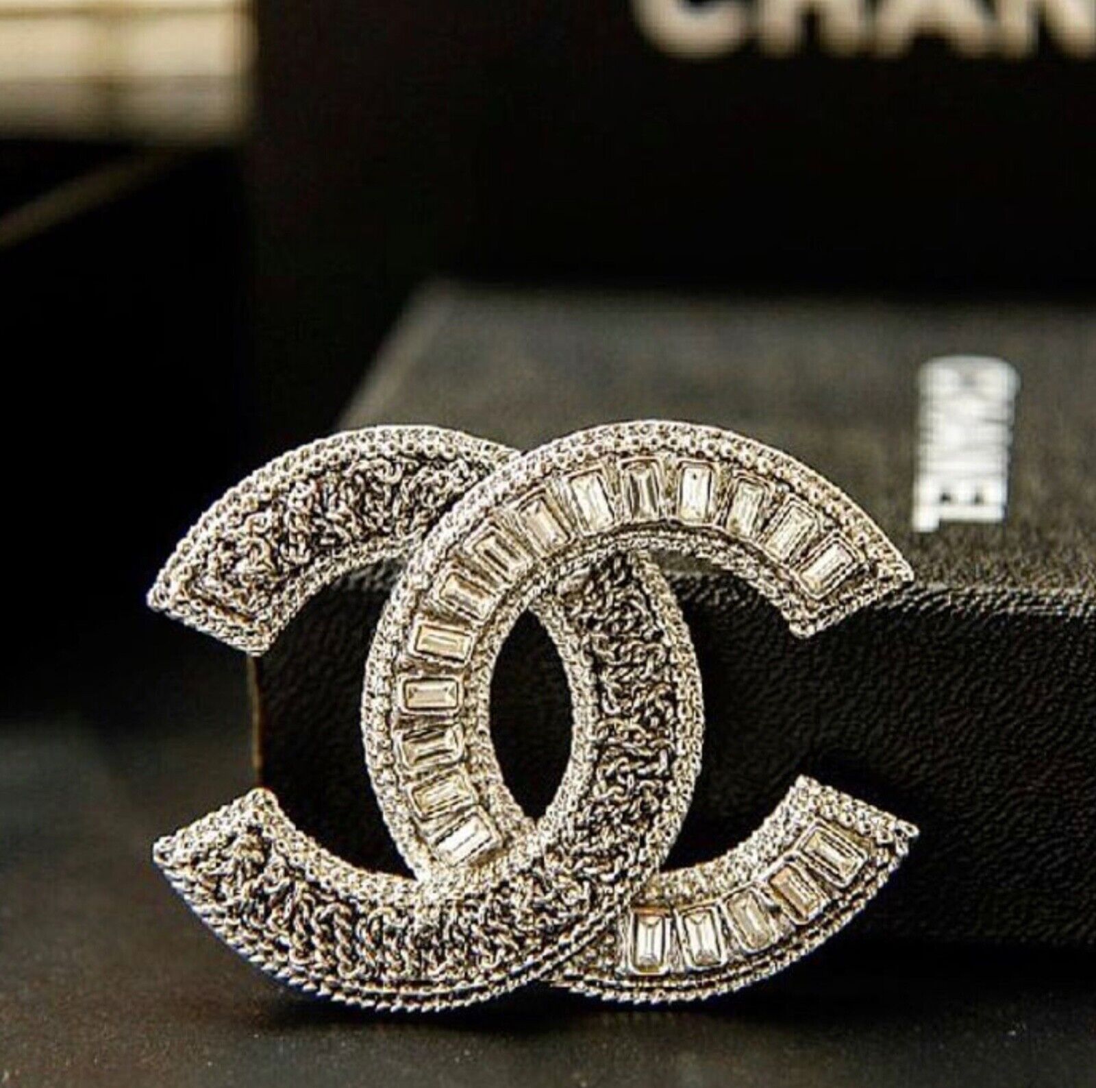 Vintage CHANEL SILVER AND CRYSTALS CC LOGO BROOCH/PIN CLASSIC