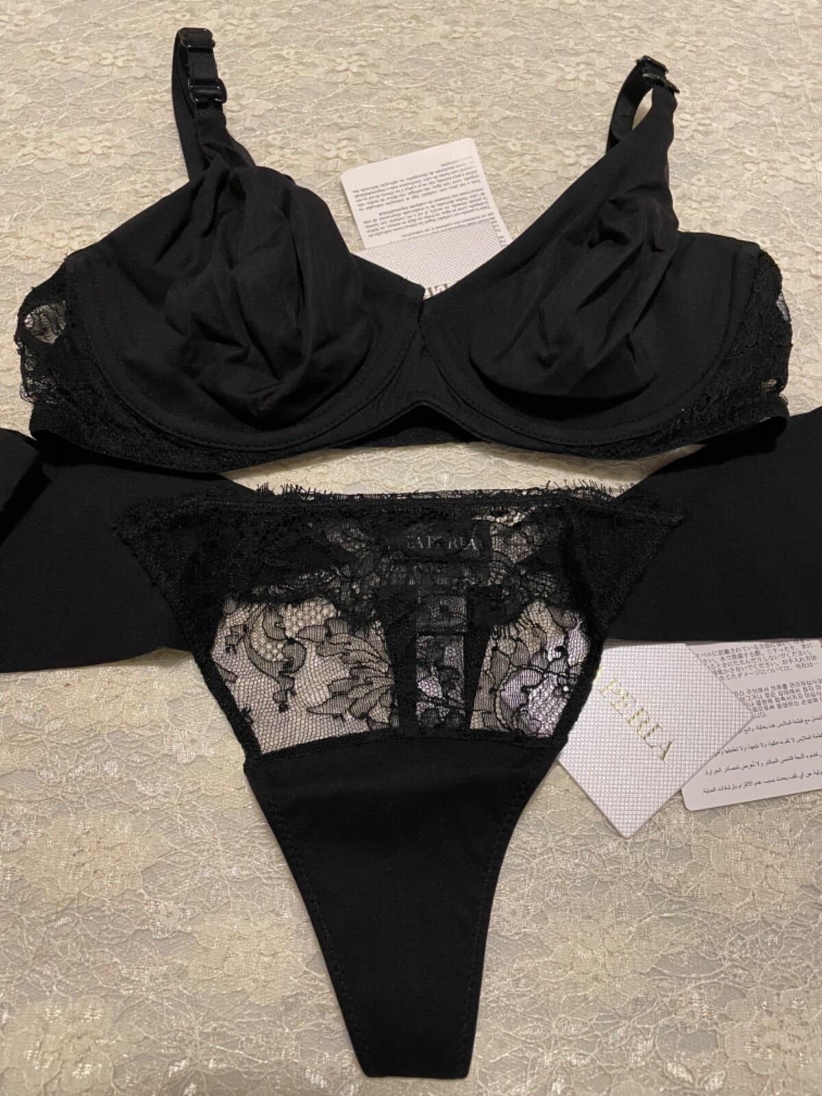 La Perla Shape Allure Collection 34B S Bra Thong Panty Set Black Chantilly Lace