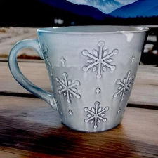 White Gray Flare Top Over & Back Snowflakes And Stars Embossed Coffee Mug Cup