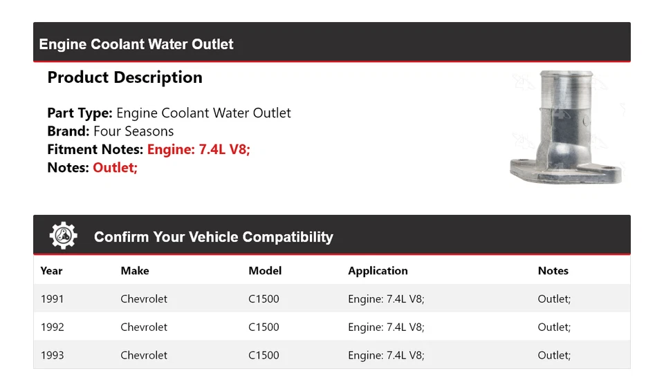 Salida de agua refrigerante motor V8 7,4 L para Chevrolet C1500 1991-1993 4 estaciones 1992 Foto 2 de 4