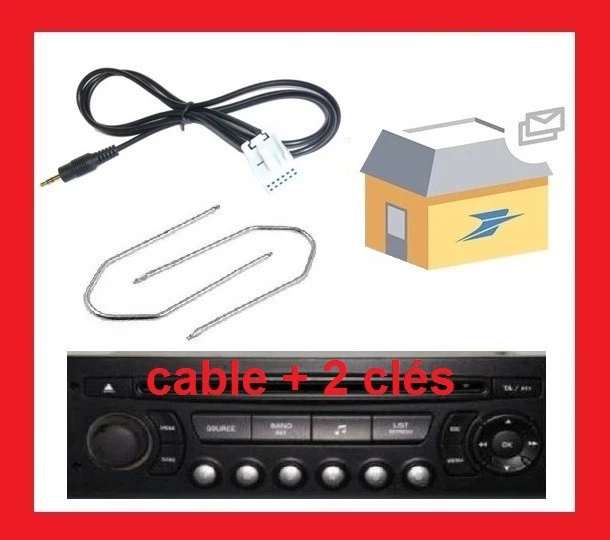 SKY Cable auxiliaire aux adaptateur mp3 PEUGEOT 207 12PIN RD4 + 2cles extraction ⭐⭐⭐