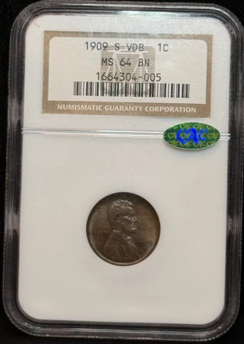 NGC MS64 BN 1909-S VDB US Lincoln One Cent Coin 1C CAC Sticker -005
