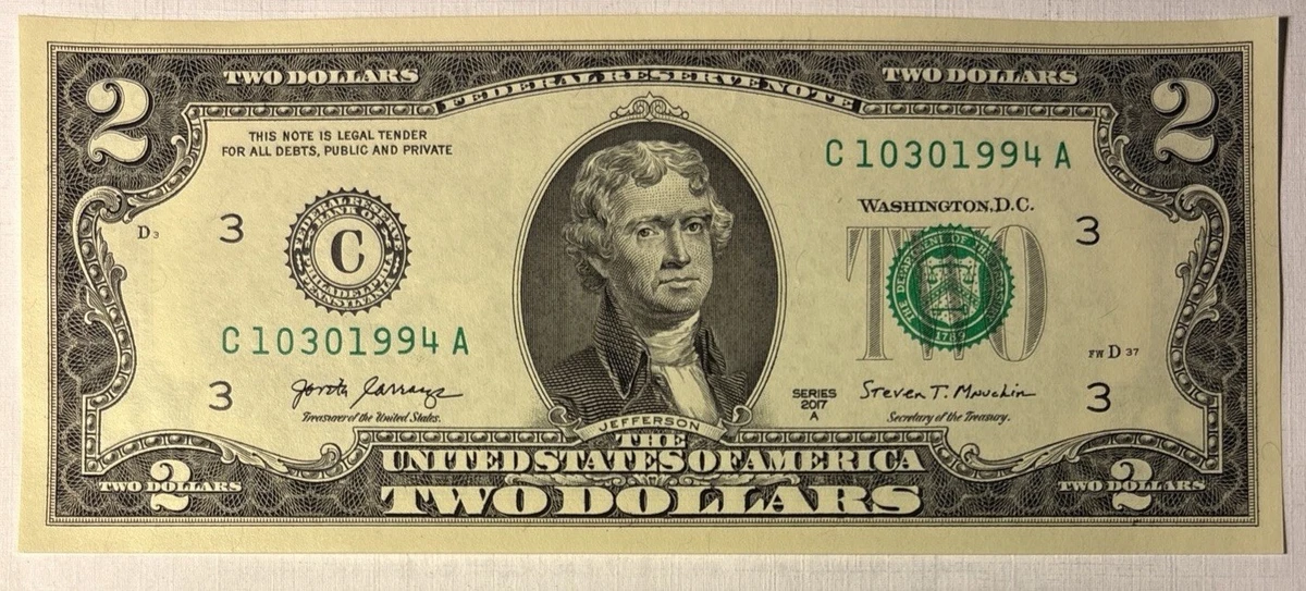 2017 Two Dollar Bill Uncirculated (UNC) In Reusable Sleeve | WOW One THANK YOU Note