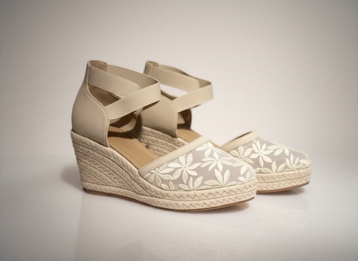 Women’s Wedge Espadrille Shoes Floral Beige Platform Sandals NEW Size 10,5 - 11