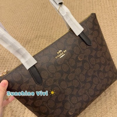 NWT COACH Fiona Zip Tote Bag In Signature Canvas CBT18 Gold/Walnut