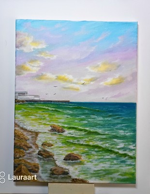 Art 12''/16''  Odessa, beach Streached Canvas, Sunset, Original Oil Painting 