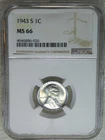 1943-S Lincoln Steel Cent NGC MS66 Bright Frosty Luster, PPQ New Holder #E304H