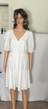 LOFT Womens White V-neck Lined Shift Dress Buttons & Cut Outs Size ST NEW NWT