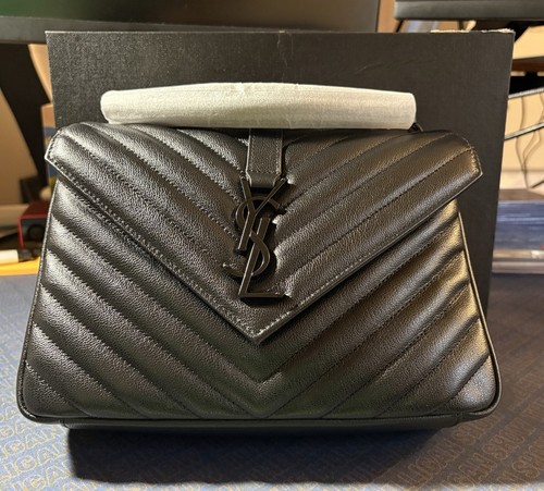 YSL Yves Saint Laurent Medium College Bag Black Hardware, Black Quilted Leather