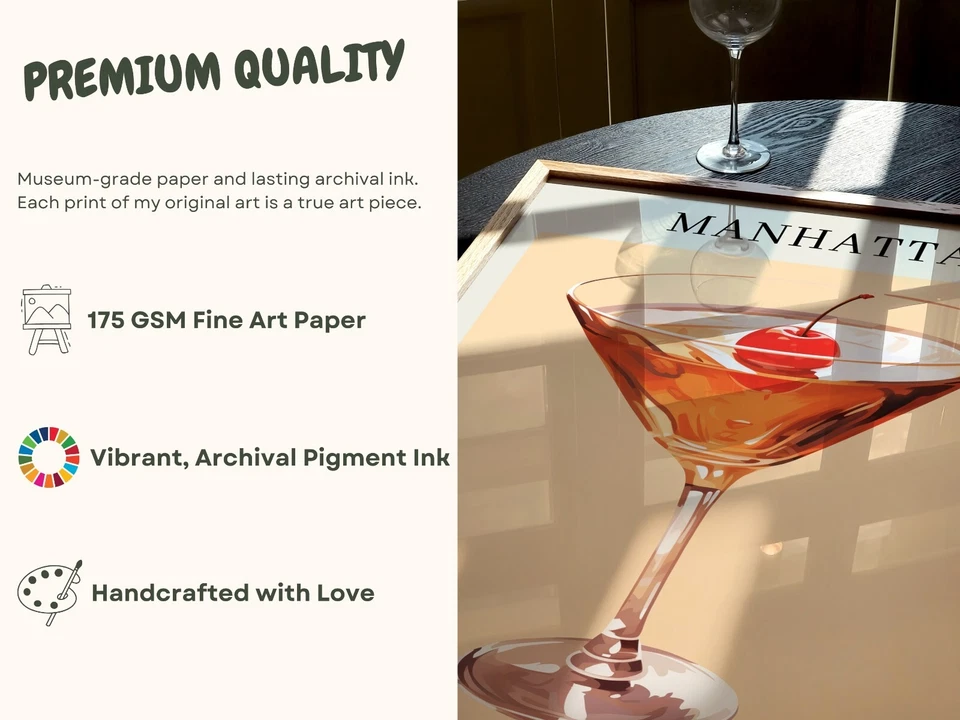 Impresión de cóctel Manhattan - Carrito de bar arte de pared de cocina - Decoración de recetas de bebidas Foto 3 de 4