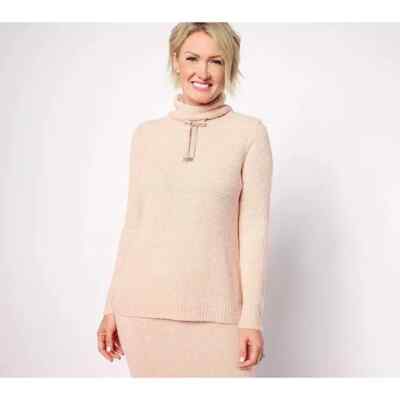 Isaac Mizrahi Soho Cozy Novelty Yarn Funnel Neck Pullover-Rose Cloud-1X-A556560